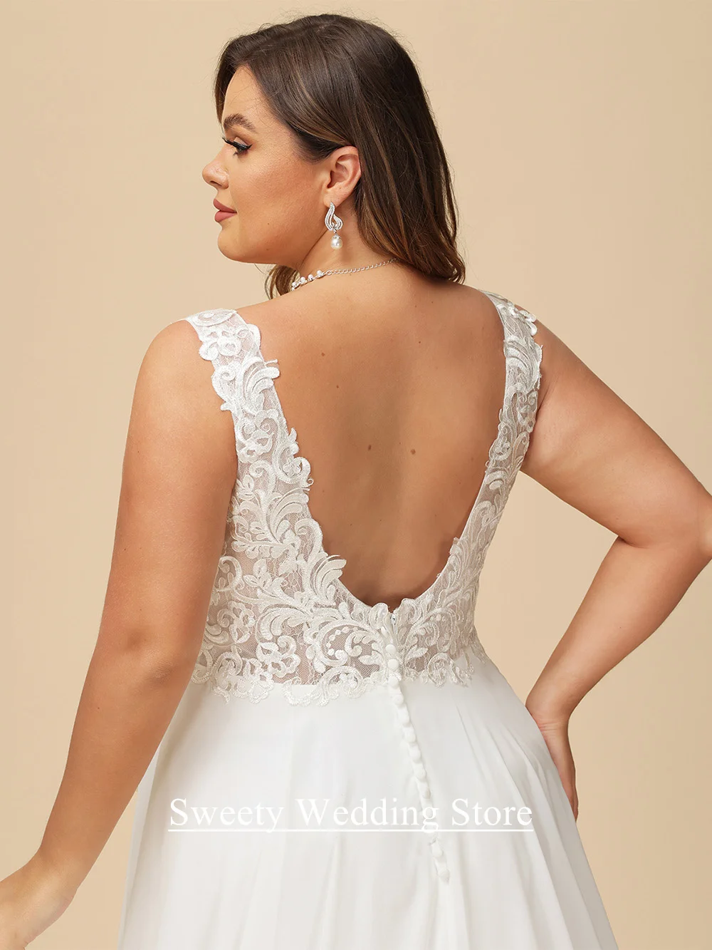 فستان زفاف العروس الحامل بالإضافة إلى حجم مخصص بلا أكمام عميق الخامس الرقبة الدانتيل زين انظر من خلال فستان زفاف الشاطئ الشيفون