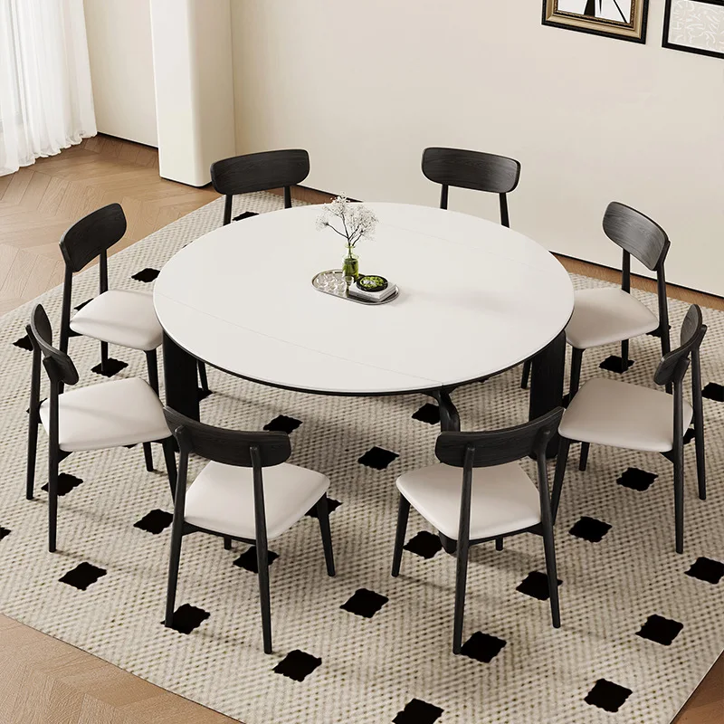 Extendable sintered stone dining table, round light luxury, modern minimalist, dual-purpose rotating folding wabi-sabi style din