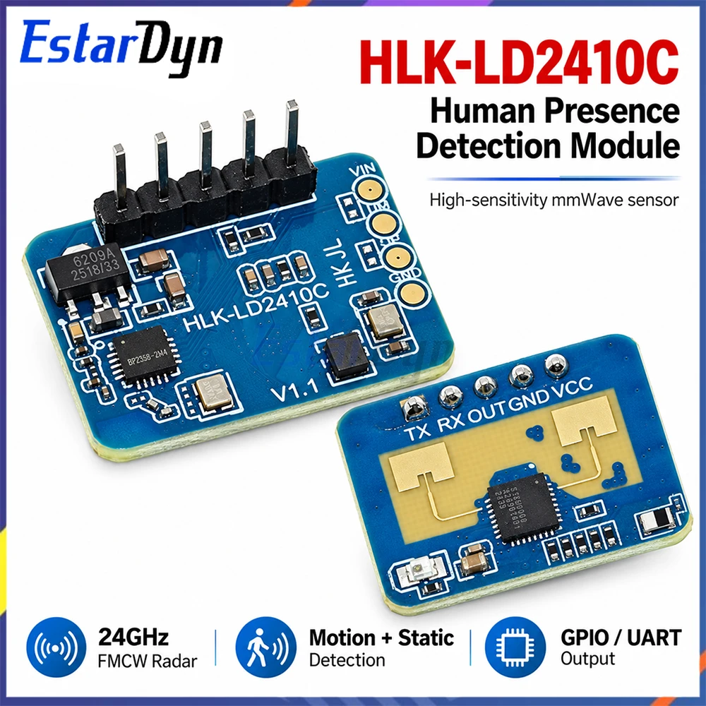Estardyn LD2410C 24GHz Human Presence Sensor FMCW Wave Radar Induction Module Body Heartbeat Detection Sensors High Accuracy