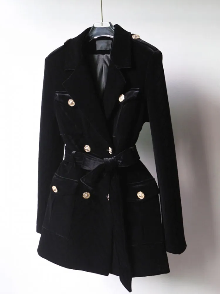 Office Ladies Double Breasted Belted Slim Fit Velvet Jacket Mid Long Autumn Padded Work Suit Coat Elegant Women Blazer Jacket