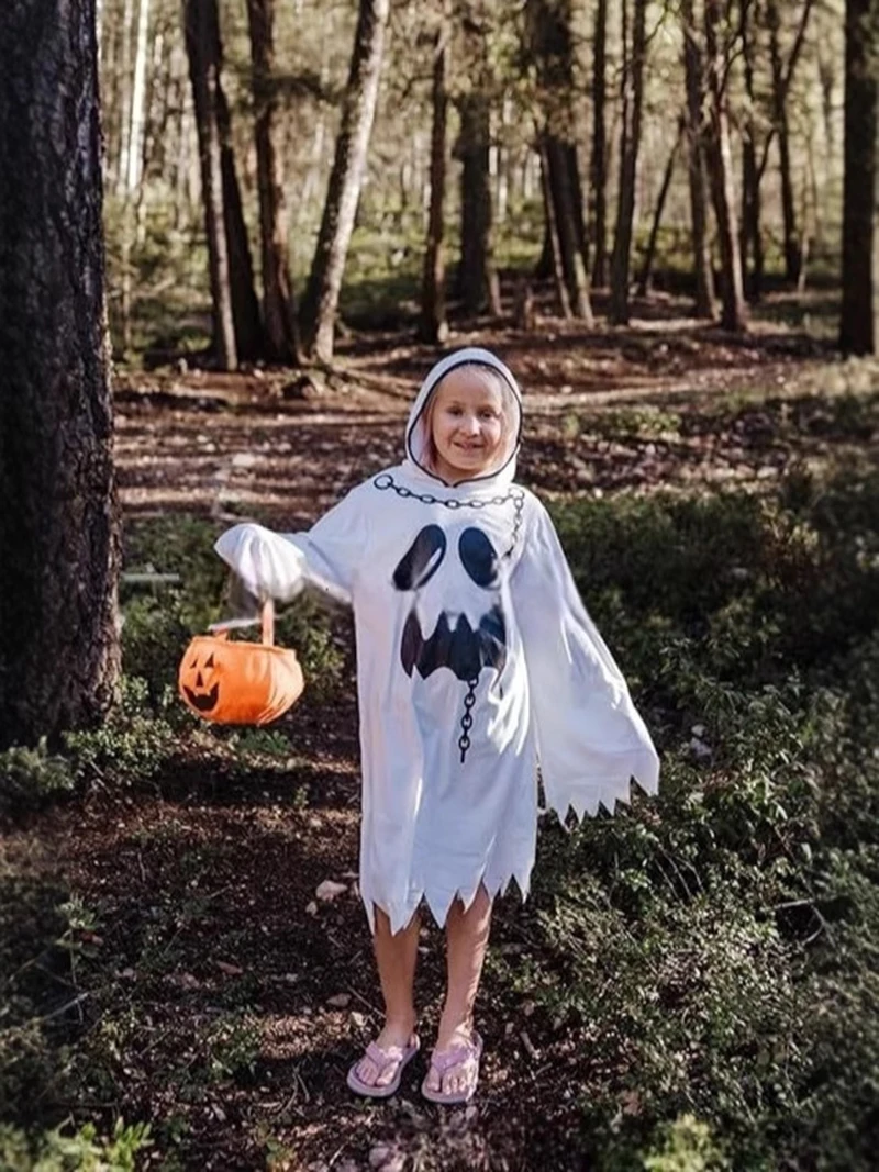 جديد هالوين موضوع حزب الإرهاب تأثيري الأطفال الكبار الأبيض شبح عباءة، هالوين هيكل جمجمة الساحرة زي الدعامة مجموعة #1