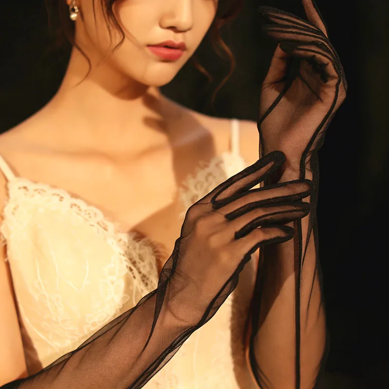 

New Long Sheer Tulle Gloves Ultra Thin Stretchy Full Finger Mittens Mesh Elbow Wedding Bride Gloves Drive Sunscreen Mittens