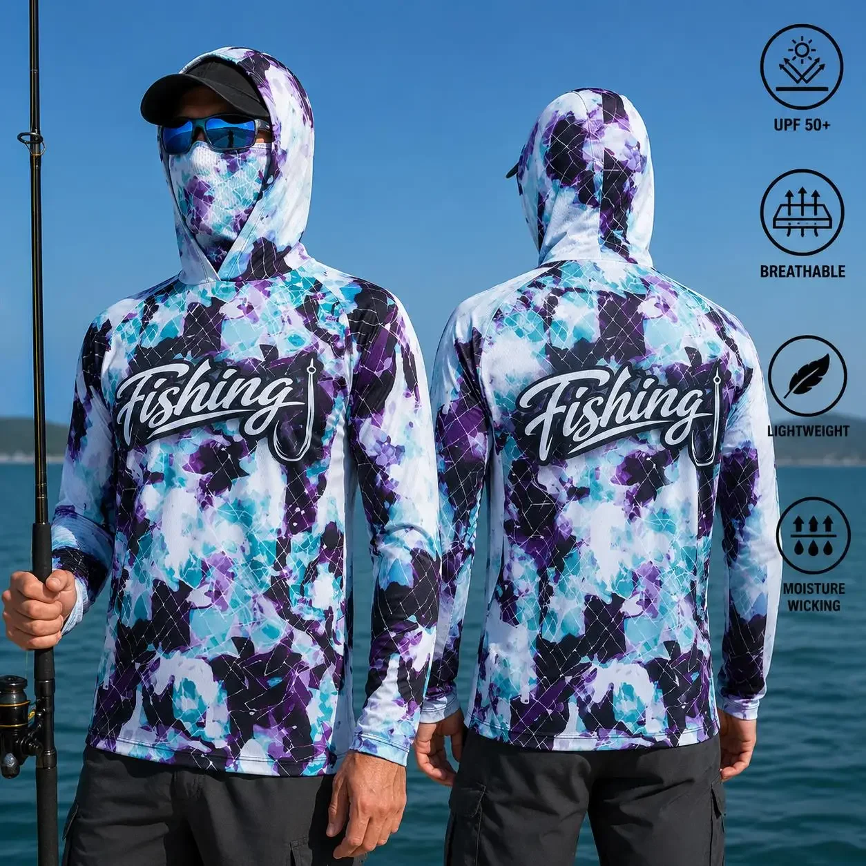 Fishing Shirt Hooded Men Fishing Clothes Long Sleeve Outdoor Summer Mask Hoody Tops Sun Protection Performance Jersey view 5