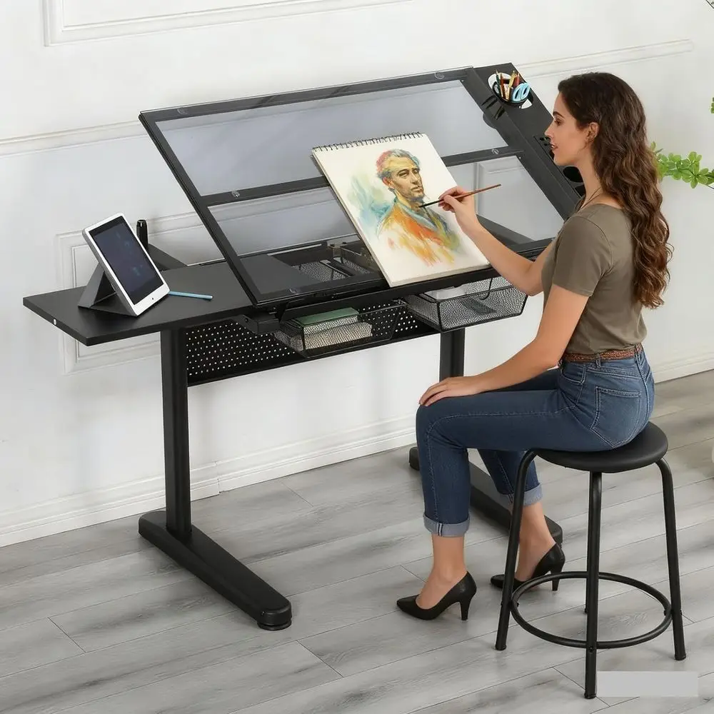 Adjustable Height Art Table with Storage and Stool, Ideal for Artists and Designers, Space-Saving, Specialty Options, Black