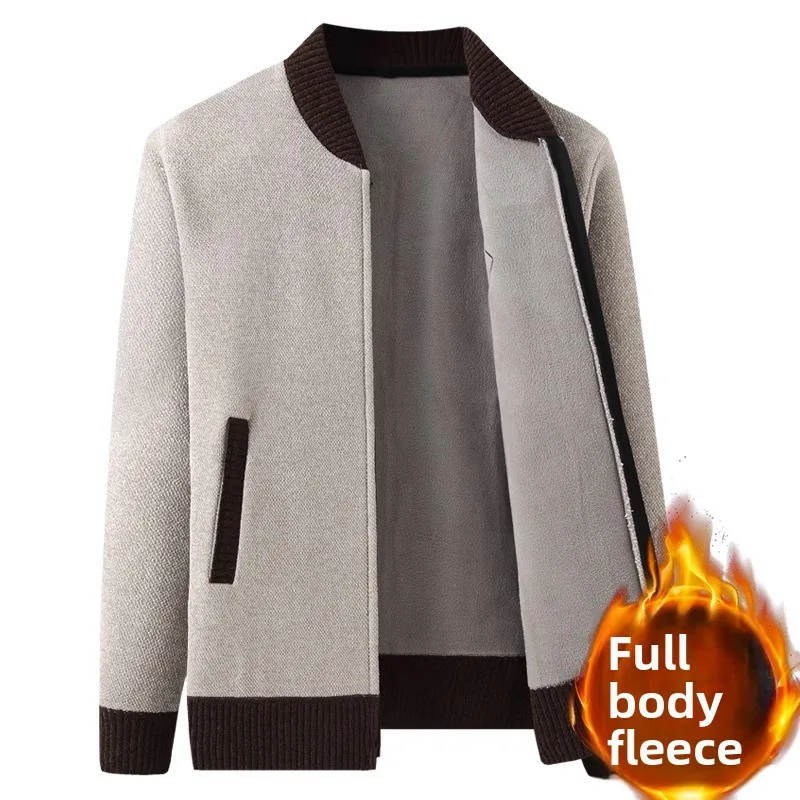

Casual Loose Knitted Sweater Baseball Collar Velvet Outerwear Pure Color ly Men's Faion Soft Polyester Fiber Winter Coat