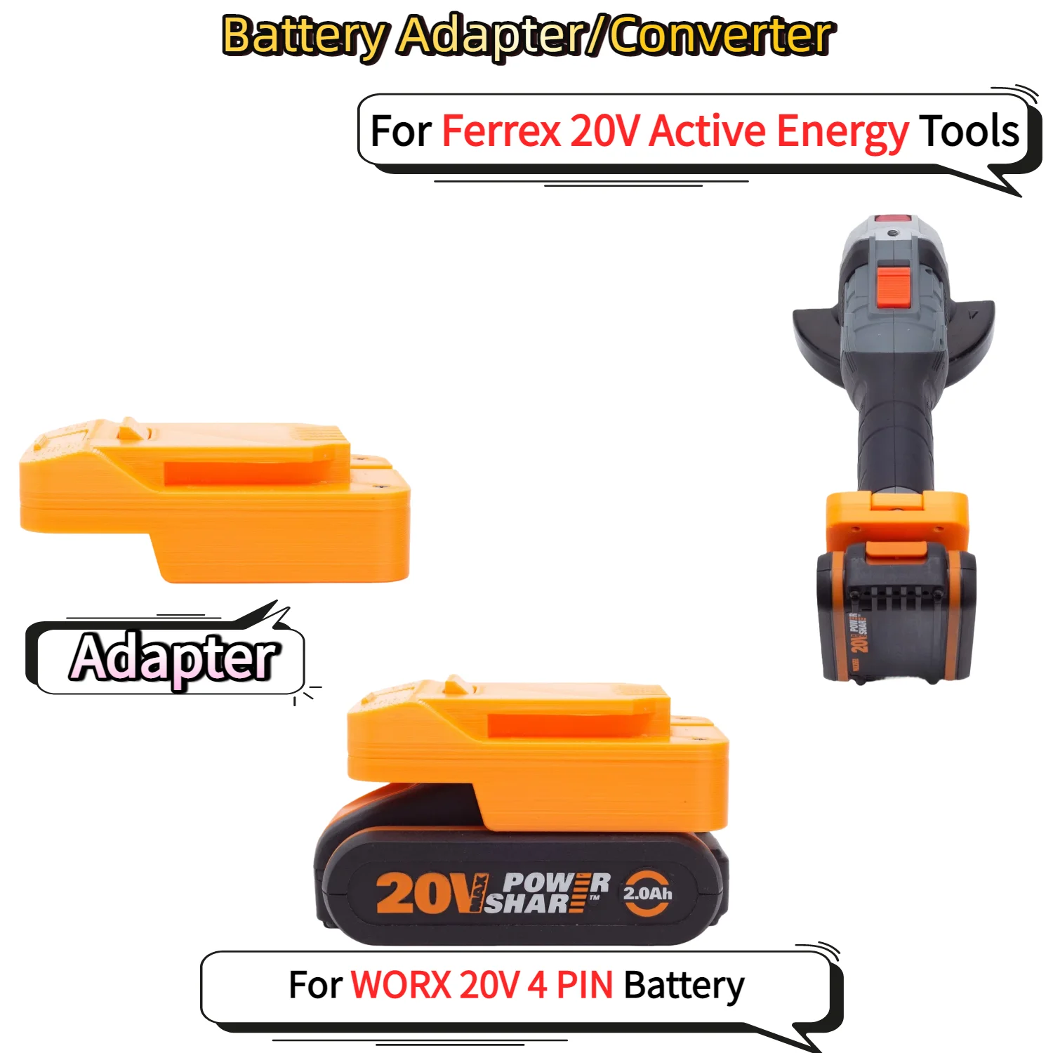 

For WORX 20V 4 PIN Li-ion Battery TO Ferrex 20V Active Energy Electric Drill Tools Battery Adapter/Converter(Only Adapter)