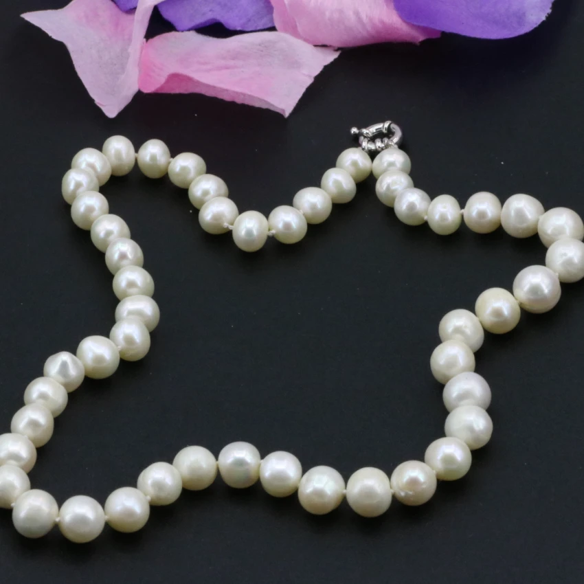 New natural white freshwater cultured pearl 9-10mm nearround beads necklace chain for women elegant choker jewelry 18inch B3236