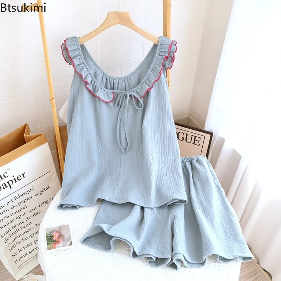 2025 Summer Women's Pajama Set Crepe Cotton Yarn Ruffle Edge Camisole Shorts Suit Lace Pullover with Pocket Home Wear for Women