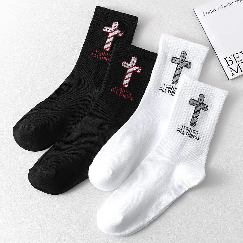1/10/20 Pairs Black White Crew Socks for Men Women, Cross Star Graphic Unisex Casual Streetwear Couple Long Socks
