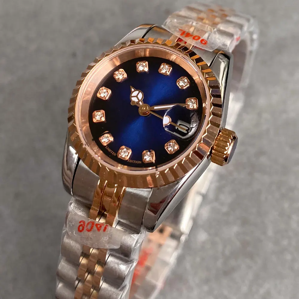 2024 Bliger New 26mm Rose Gold Deep Sea Blue Sterile Sunburst Dial NH05 Sapphire 50m Waterproof Automatic Watch Woman