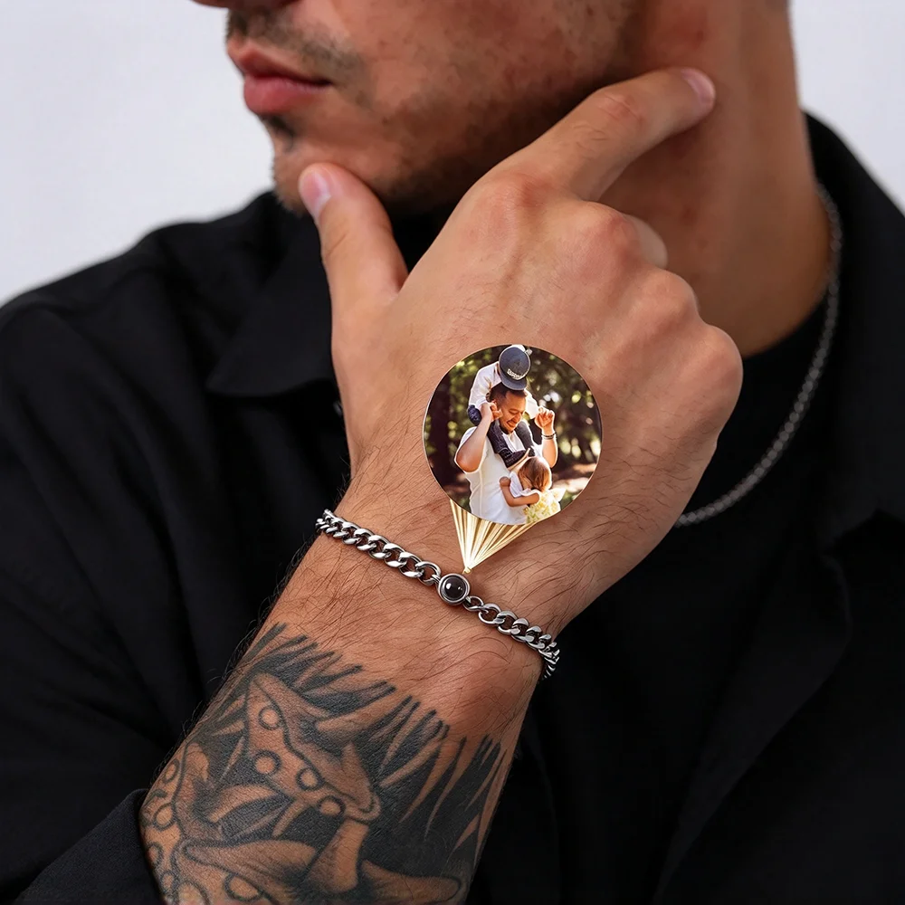 Custom Photo Projection Cuban Link Bracelet Men Stainless Steel Personalized Memorial Jewelry Gift For Dad Husband Boyfriend