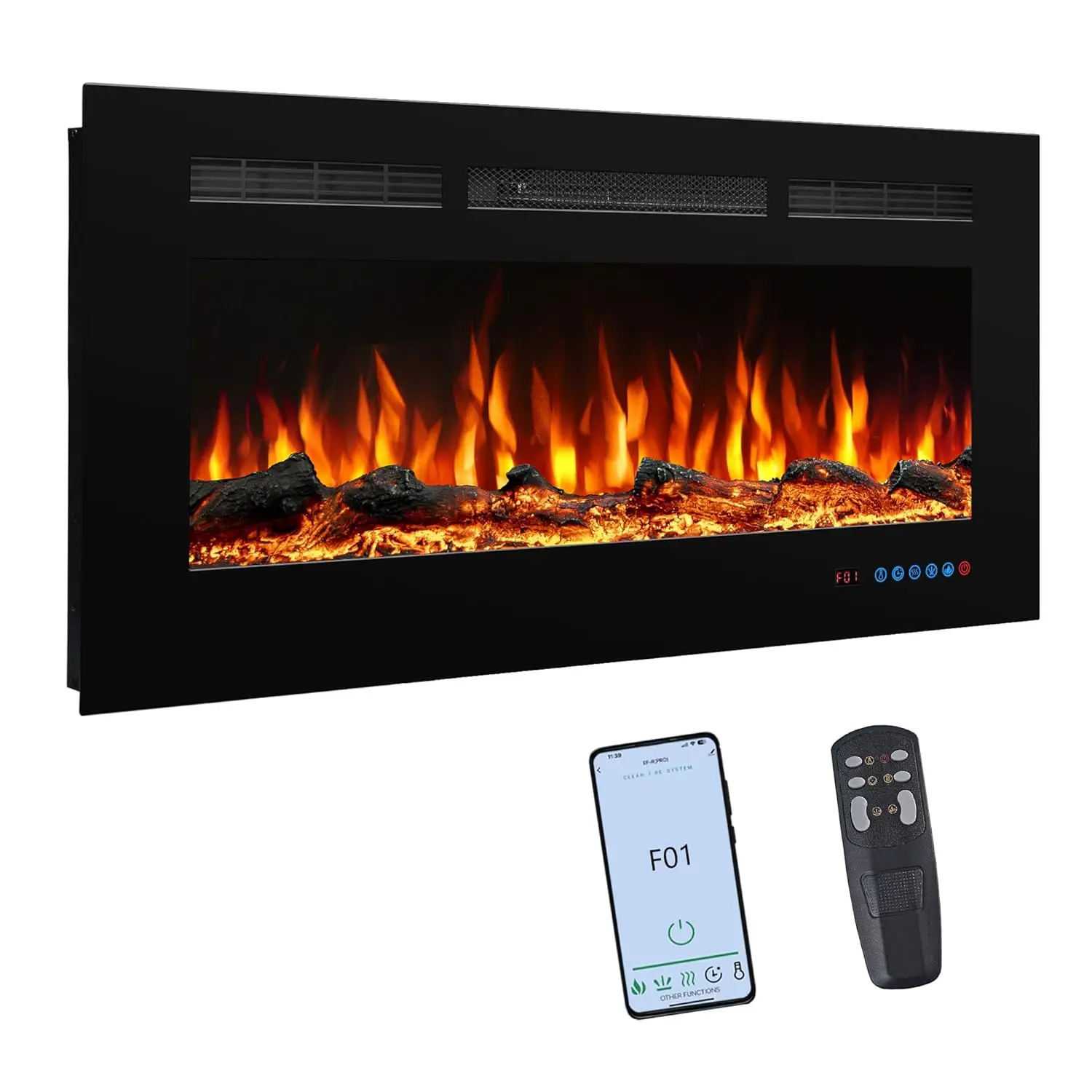 

Электрический камин-обогреватель 60 дюймов с управлением через приложение и пультом ДУ, 1500 Вт, с имитацией дров и кристаллами, регулируемый цвет пламени, настраиваемый