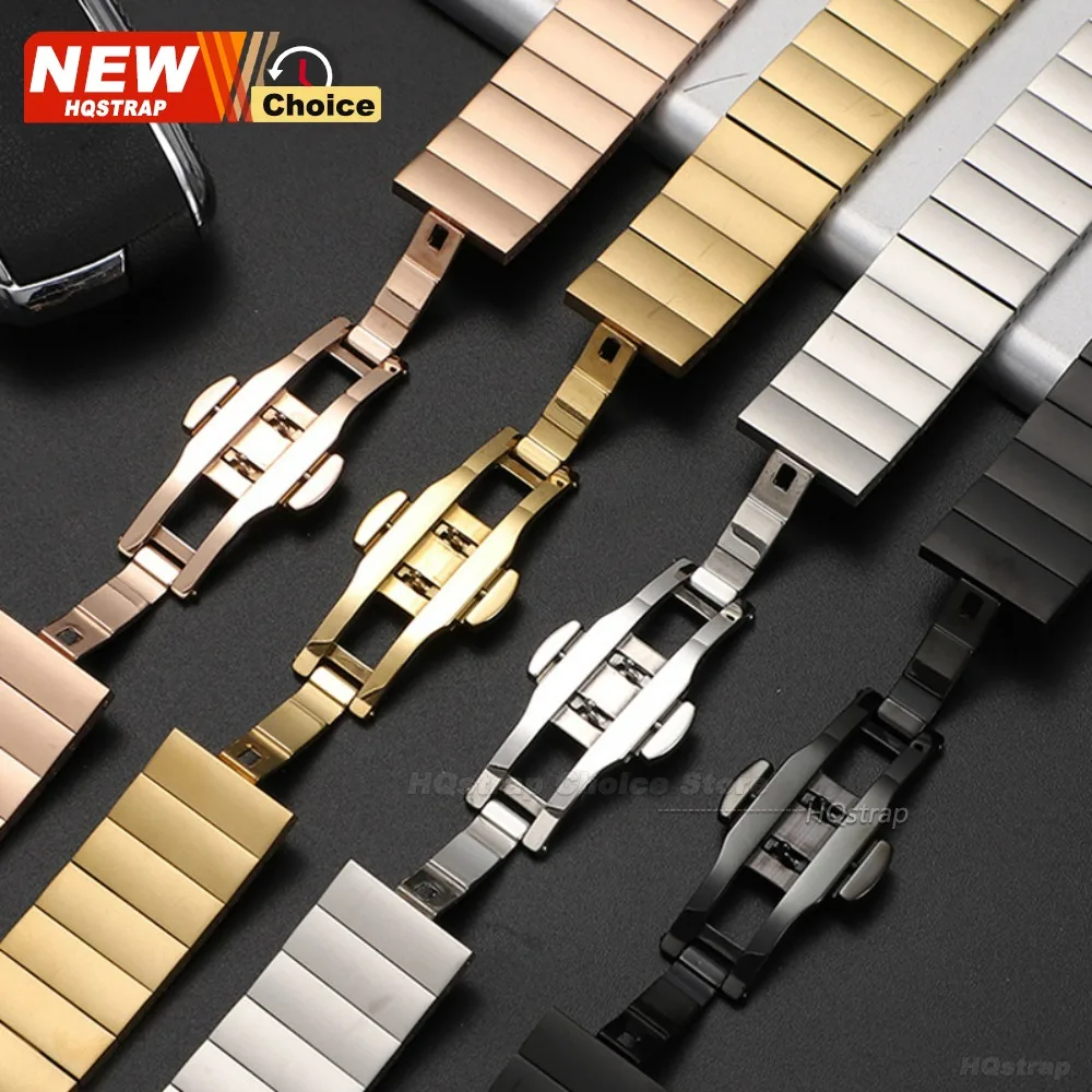 Gold Butterfly Buckle Solid Stainless Steel Watch Strap 18mm 20mm 22mm for Seiko Bracelet for Rolex Double Press Folding Button