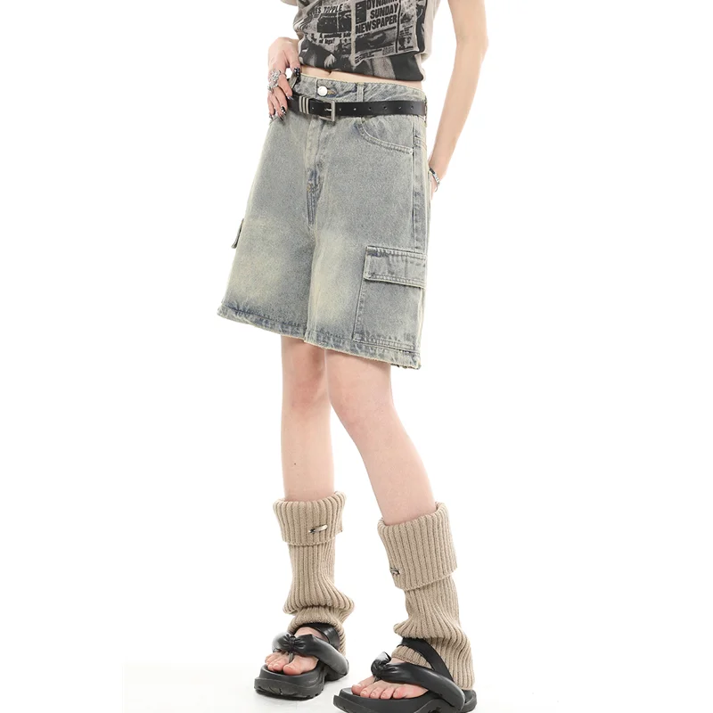 Pantaloni corti in Denim Cargo da donna blu a vita alta gamba larga American Streetwear Summer Vintage Casual pantaloni Cargo dritti larghi