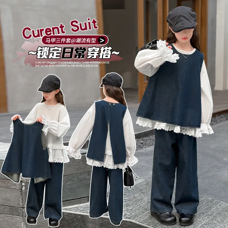 

Kawaii Girl Fashion T-Shirt Cowboy Vest Jeans 3-Piece Set Student Spring and Autumn Cartoon Casual Long Sleeves Tops Pants Set