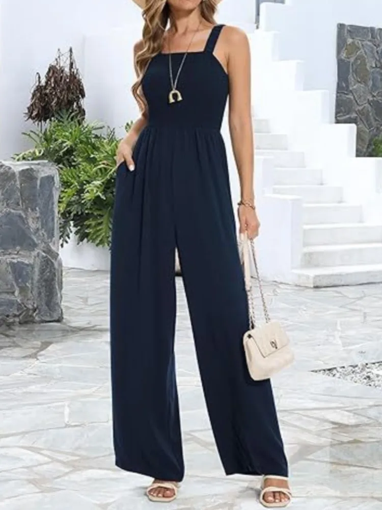 بدلة قفز نسائية غير رسمية موضة بدون أكمام عالية الخصر بنطال ذو قصة أرجل واسعة بدلة قفز نسائية أنيقة للمكتب ملابس نسائية صيفية