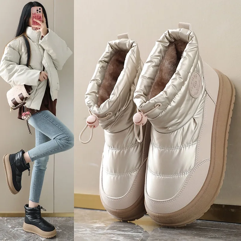 

2026 New Snow Boots Women Genuine Cow Leather Solid Color Round Toe Waterproof Drawstring Winter Ladies Shoes Handmade