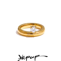 Yhpup Delicate Shiny Cubic Zirconia Round Polished Ring for Women Smooth Stainless Steel High Quality Fashion Jewelry