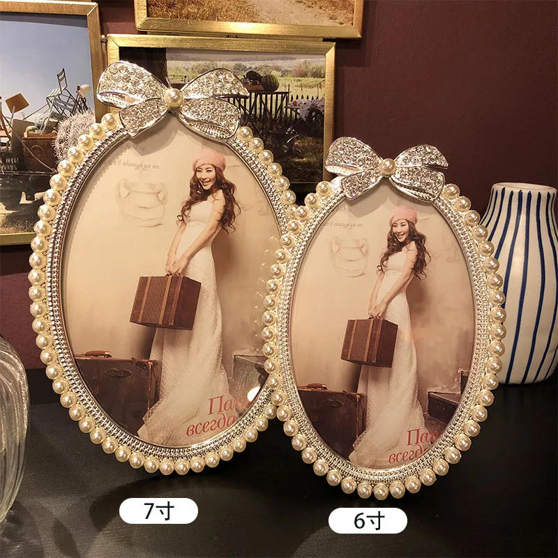 6/7Inch Elegant Crystal Pearl Bowknot Photo Frame Wedding Bridal Favor Metal Alloy Frames Home Decor Birthday Gifts XC019