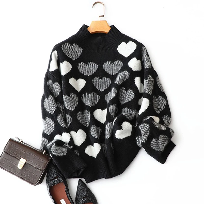 

masigoch high quality winter 8ply thick chic knitwear luxury soft 100% cashmere love heart jacquard sweaters