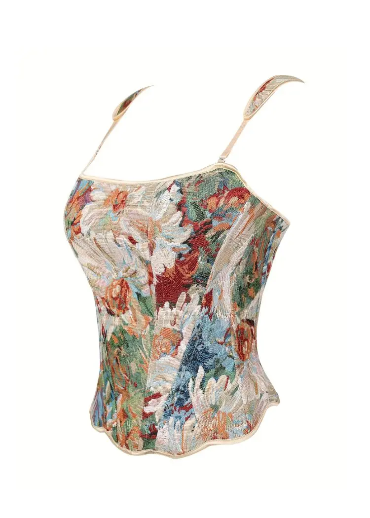 Women's French Cottagecore Floral Corset, Romantic Ditsy Print Slimming Bustier Top image 6