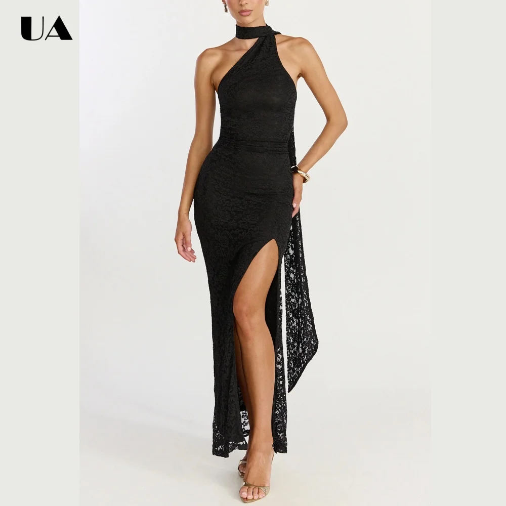 

ULBYANRY Elegant Lace Scarf Neck Prom Dress for Woman, Sexy Sheath High-slit Evening Dress, Customized Sleeveless Party Dress