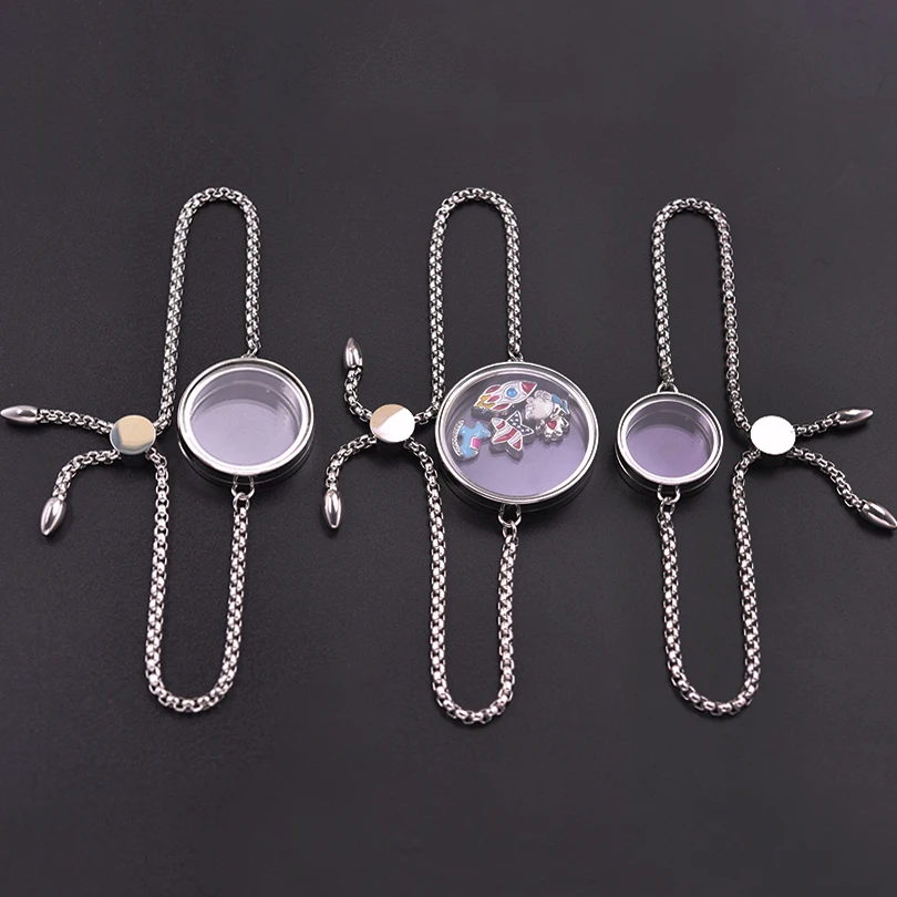 1Pc 15-30mm Round Memory Reliquary Medaillon Pendant Bracelet Stainless Steel Glass Living Ashes Locket Chain Pulseras Jewelry