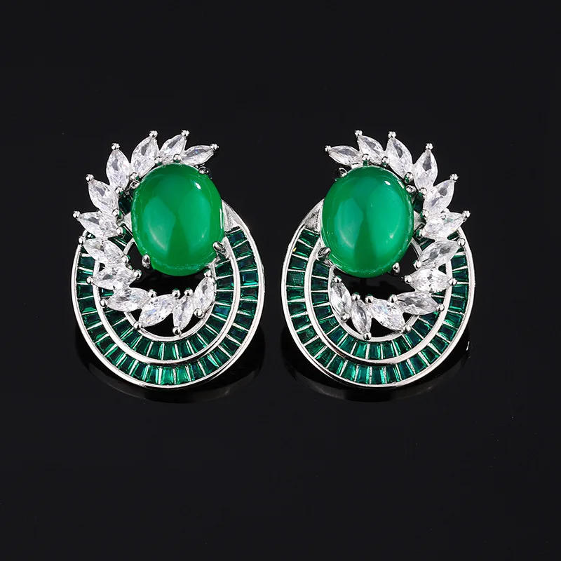 

Jewelry Set 925 Sterling Silver Needle Earrings Ring Green Chalcedony Two-Piece Set for Women Green Nano