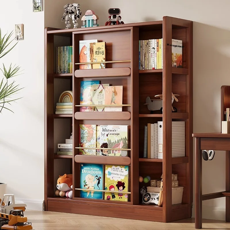 Solid Wood Floor-standing Bookshelf For Children's Room Picture Book Rack Sliding Door Baby Reading Area Storage Cabinet