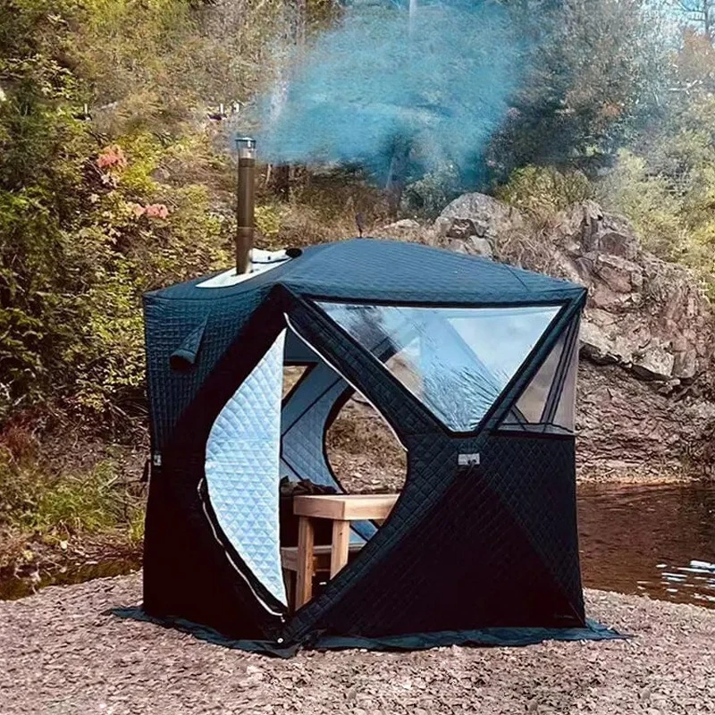 Tienda de Sauna para 3-4 personas al aire libre, 4 estaciones, pesca en hielo de invierno gruesa con ventana grande y boca de chimenea de apertura rápida, portátil