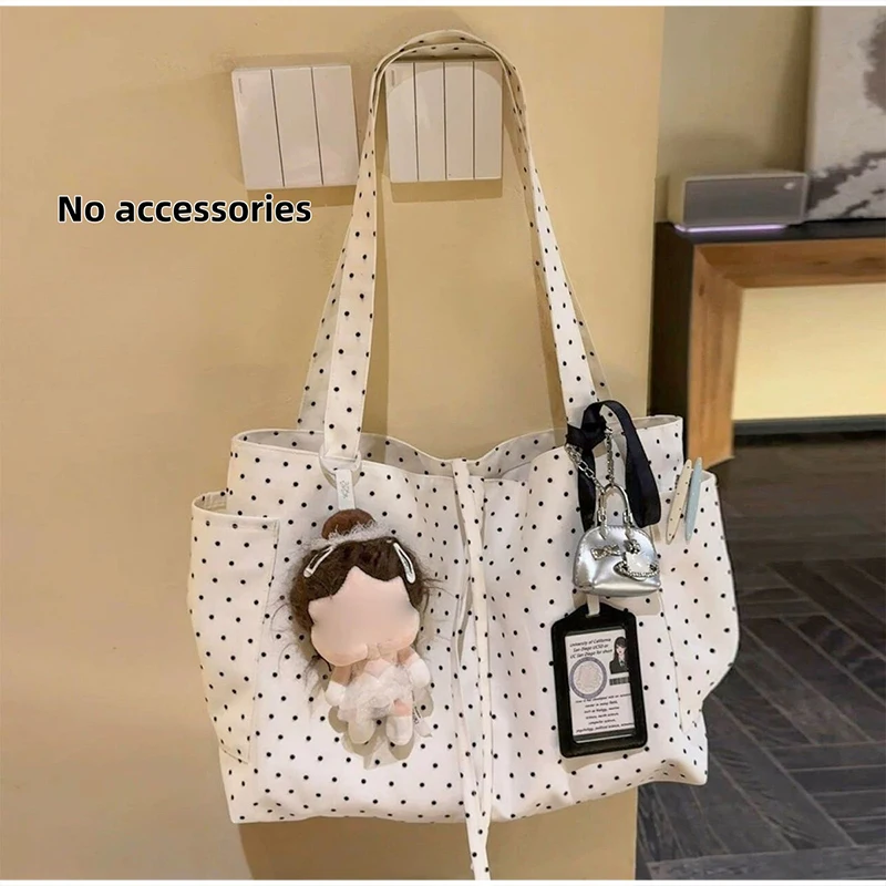 

Холщовая сумка-тоут в горошек, большая вместительная сумка через плечо с боковыми карманами, повседневная сумка для женщин, для школы и работы, для поездок на работу