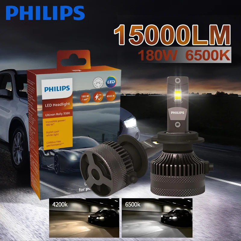 

Philips LED 15000lm Ultinon Rally 3590 H4 H7 H11 HB3/4 H19 HIR2 H1 Автомобильная фара 6500K Белая Макс. мощность 180 Вт 12 В Макс. люмен Лампа