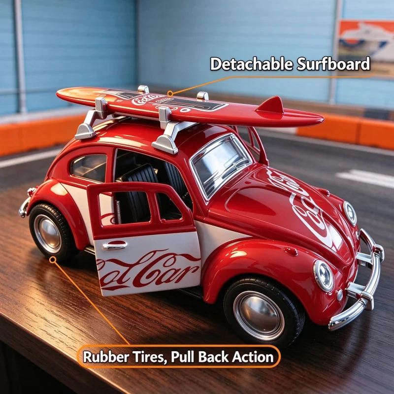 Classic 1/36 Beetle Style Alloy Vehicle Model, Surfboard Decor Accessory, Metal Car Craft Ornament for Desk & Cabinet Display, C
