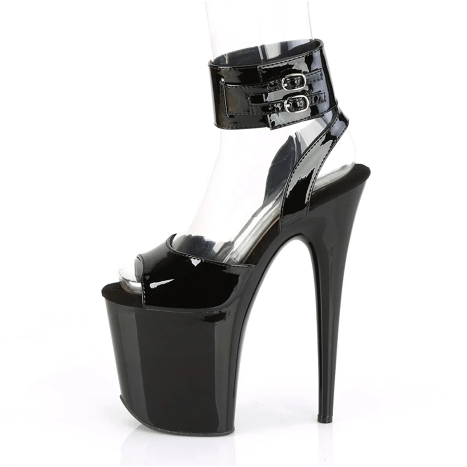 

Sexy Women's Leather Stiletto Sandals 20CM Ultra High Heels Open-Toe & Double Buckle Ankle Strap | Fetish Nightclub Party Shoes