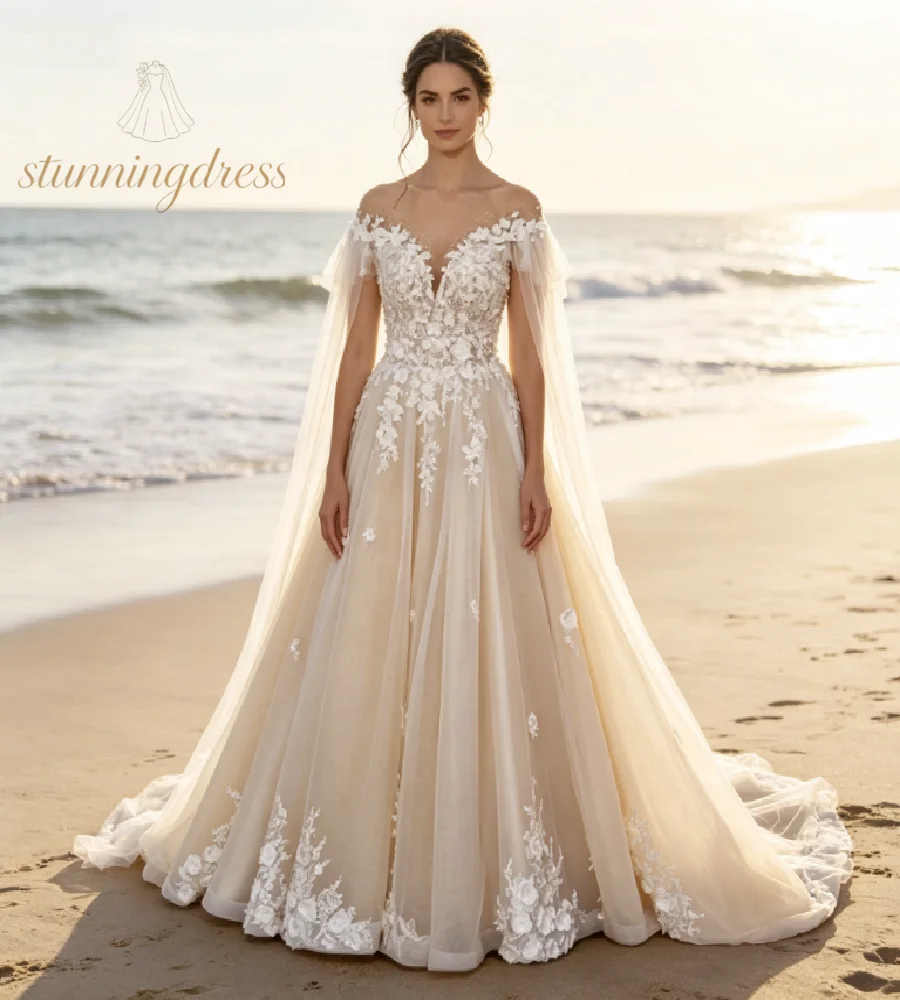 Champagne Off The Shoulder Bohemian Wedding Dress With 3D Florals Princess A Line Tulle Beach Bridal Gowns Elegant Reception