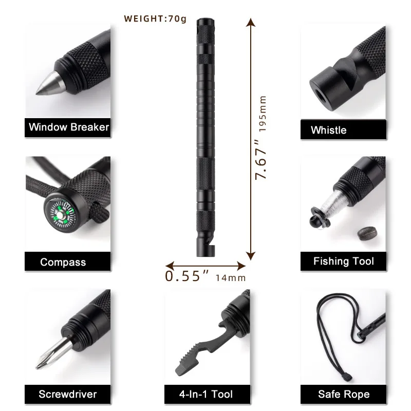 휴대용 다기능 자기 방어 펜, 야외 생존 도구, 낚시 휘슬, 나침반, 렌치, 스크루 드라이버, 창문 차단기, 10 인 1