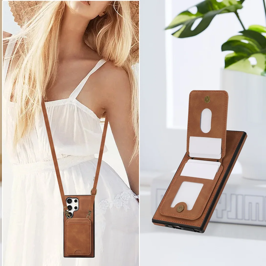 

Crossbody Leather Card Slot Wallet Case For Samsung Galaxy S25 S24 Ultra S23 FE S22 Plus A55 A25 A36 A56 Shell Phone Stand Cover