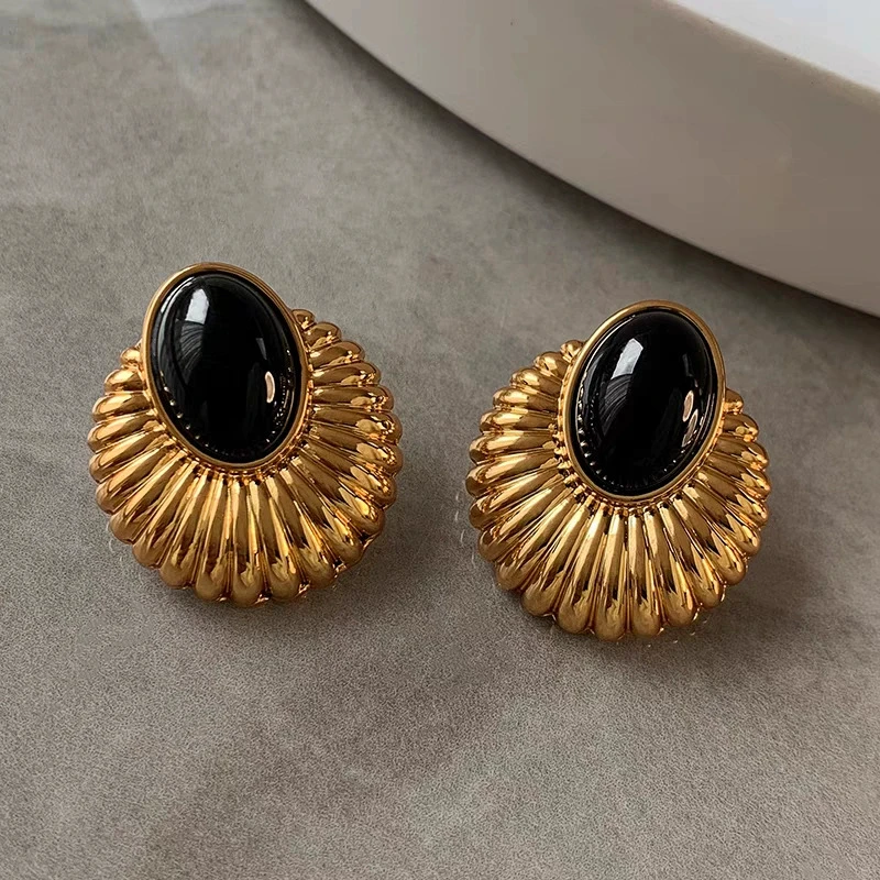 Conch Oval Coffee Black Stone Shell Texture Geometry Stud Earring for Women Temperament Jewelry Christmas Wedding Girl Gift