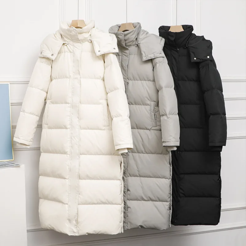 Chaqueta Lisa larga de gran tamaño para mujer, impermeable, gruesa, cálida, con plumón de pato blanco 90, chaquetas con capucha, ropa para la nieve, abrigo para mujer