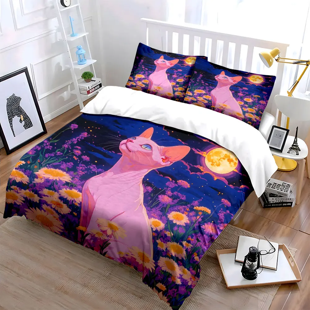 Cat with Full Moon and Purple Flowers Printed Duvet Cover Set 1 Duvet Cover+2 Pillowcase Multi Size Bedroom Bedding Decor