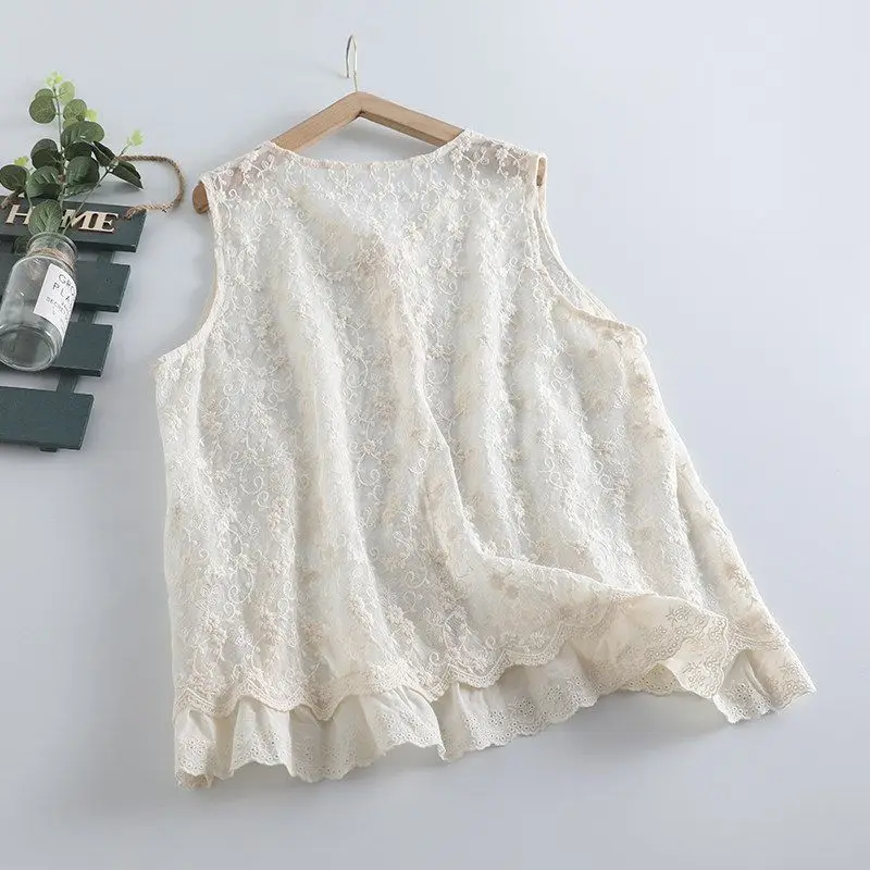 Mori Girl Sleeveless Lace Vest Women V Neck Lace Up Floral Embroidery Ruffled Hem Loose Casual Layer Blouse Summer See Through W