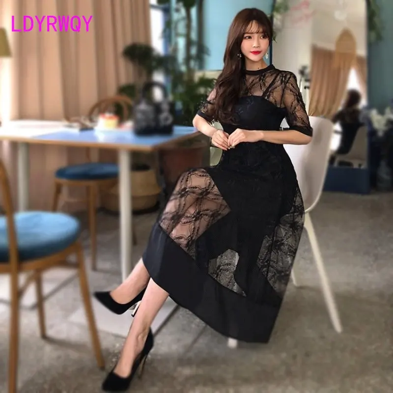 Temperament lace dress woman 2023 summer celebrity sheer mesh + suspender slim slim big skirt