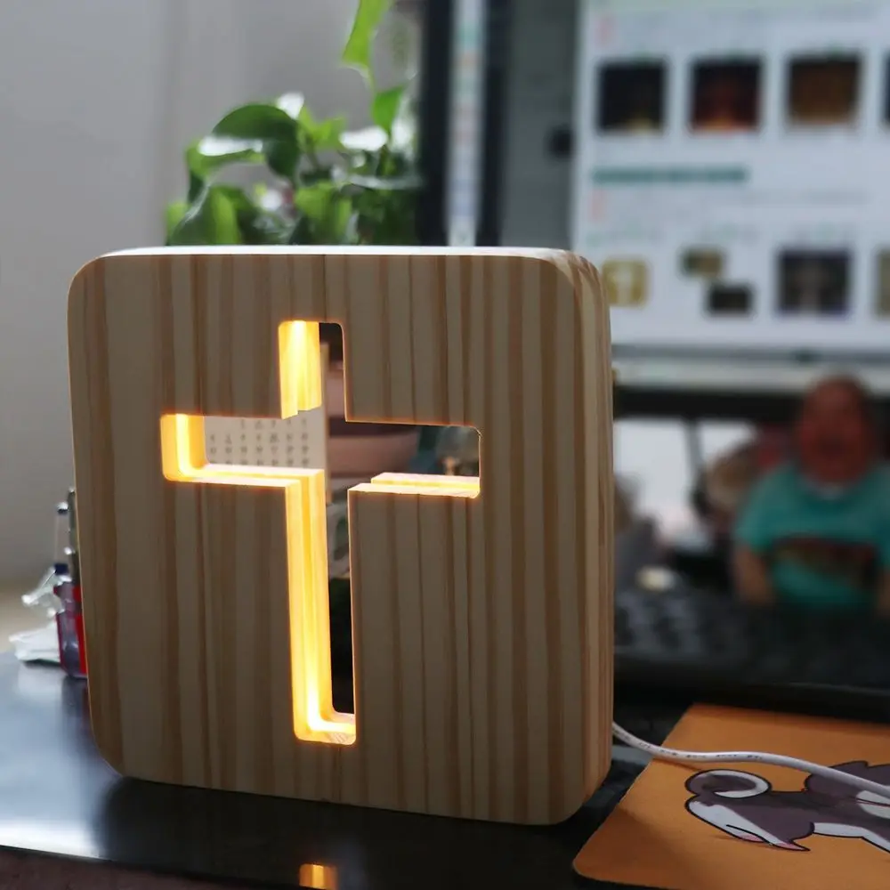 Church Souvenirs 3D LED Wooden Cross Night Light USB Wooden Christianity Crucifix Crafts Novelty Desk Table Lamps Christian Gift