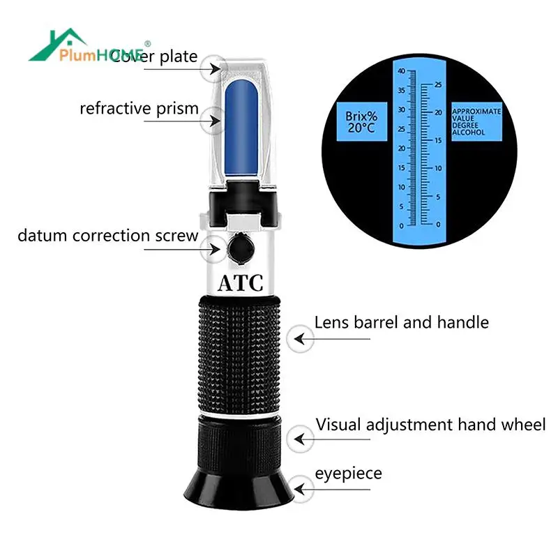 3 In 1 Handheld Alcohol Refractometer Sugar Wine Concentration Meter Densitometer 0-25% Alcohol Beer 0-40% Brix Grapes