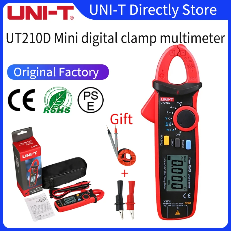 Токоизмерительные клещи UT210D цифровые, с истинным среднеквадратичным значением, сопротивлением, емкостью, мультиметром, измерением температуры, автоматическим диапазоном, электрические, UNI-T