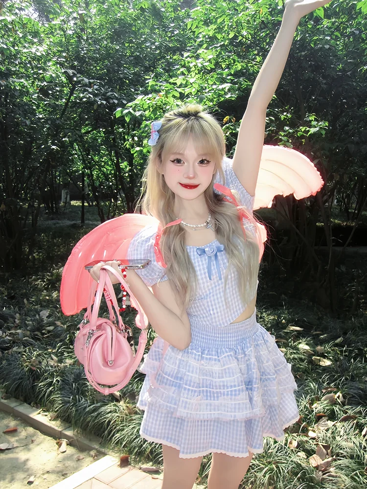 Summer Plaid Kawaii Two Piece Skirt Set Women Lace Lolita Mini Skirt Suit Female Korean Fashion Elegant Cute Party Set 2023 New