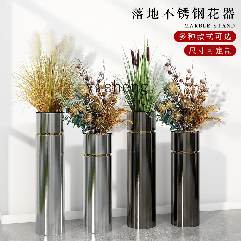 XL light luxury floor-to-ceiling stainless steel flower ware green plant flower pot metal brushed lobby ornament