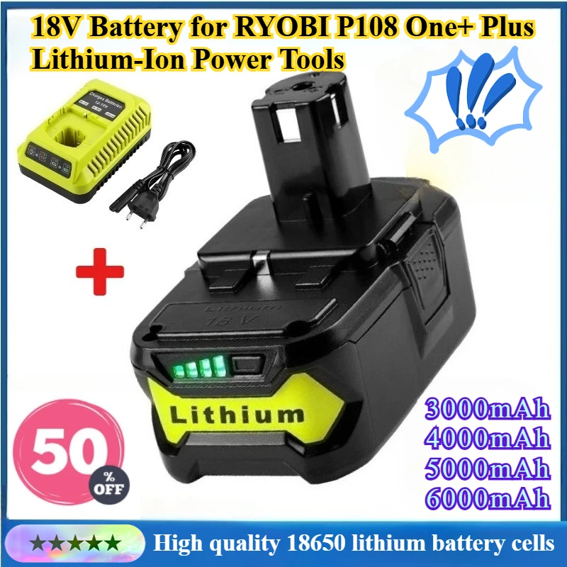 

18V Rechargeable Battery for RYOBI P108 One+ Plus Lithium-Ion Power Tools P104 RB18L50 RB18L20 P108 with 18V Charger