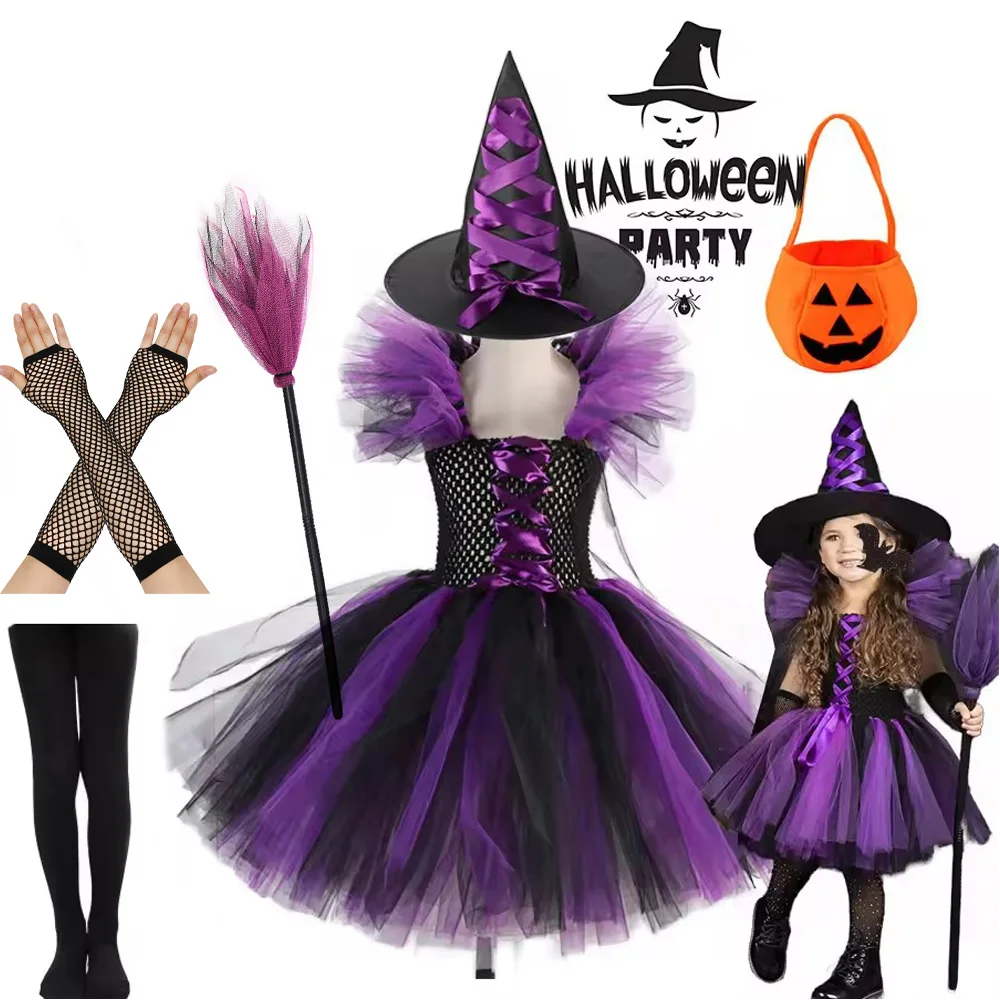 Witch Tutu Dress with Hat Girls All Saint's Day Wizard Costume Role Play Toddler Halloween Party Fairy Witch Gown