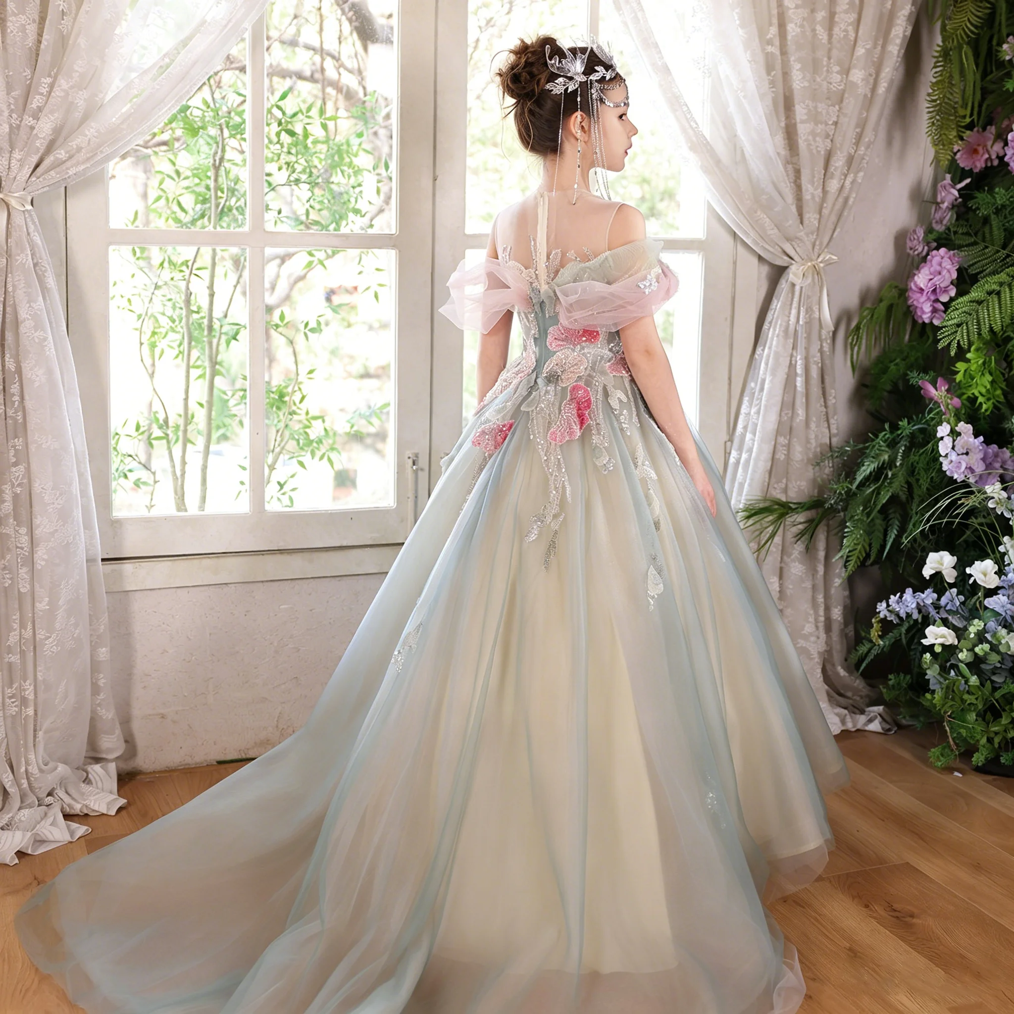 Jill Wish J001 Luxury Sage Green Girls Princess Ball Gown with 3D Floral Appliqué, Off-Shoulder Tulle and Fairy Party Dress